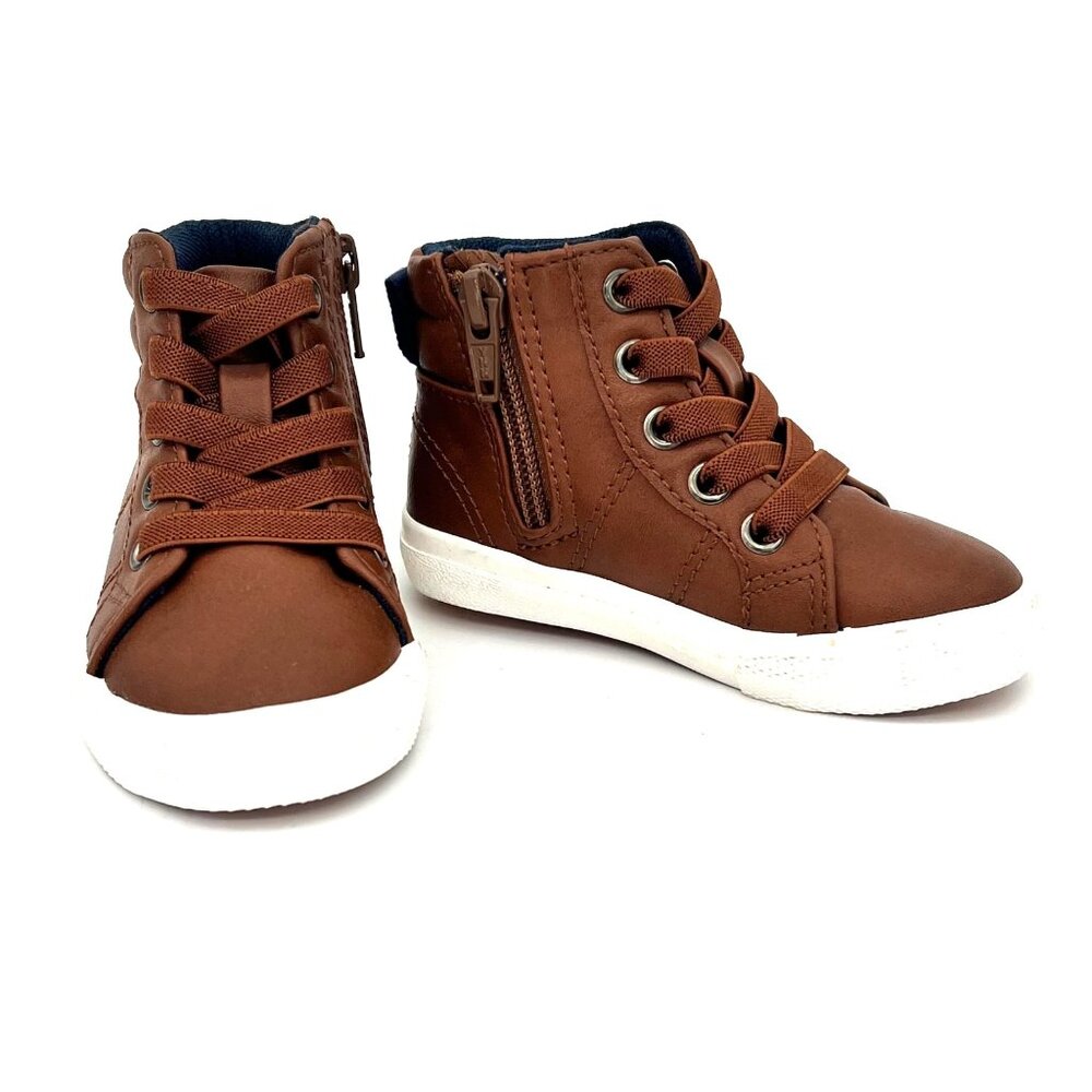 Cat & Jack Kids Toddler Size 5 Brown High-Top Sneakers Side Zippers Faux Leather